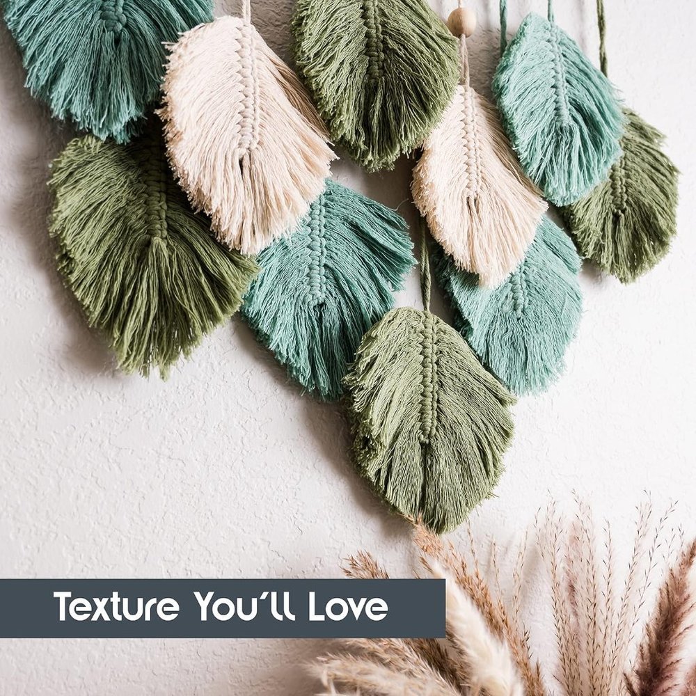 Macrame Boho Indie Farmhouse Teal/Blue/Green/Cream Feather Wood Bead Wall Decor - Picture 3 of 8